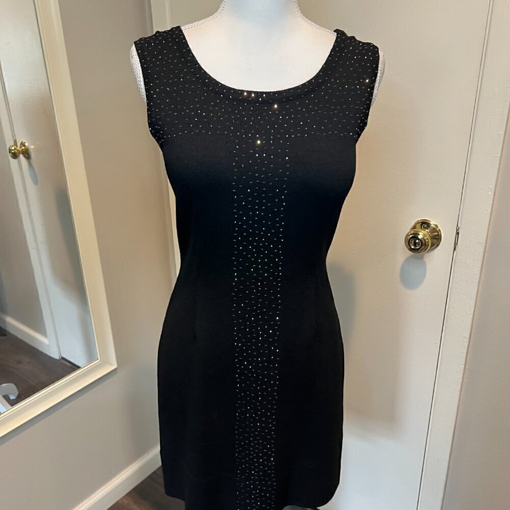 Elana Collection Black Wool Knit Cocktail Dress Swarovski crystals, Size Small